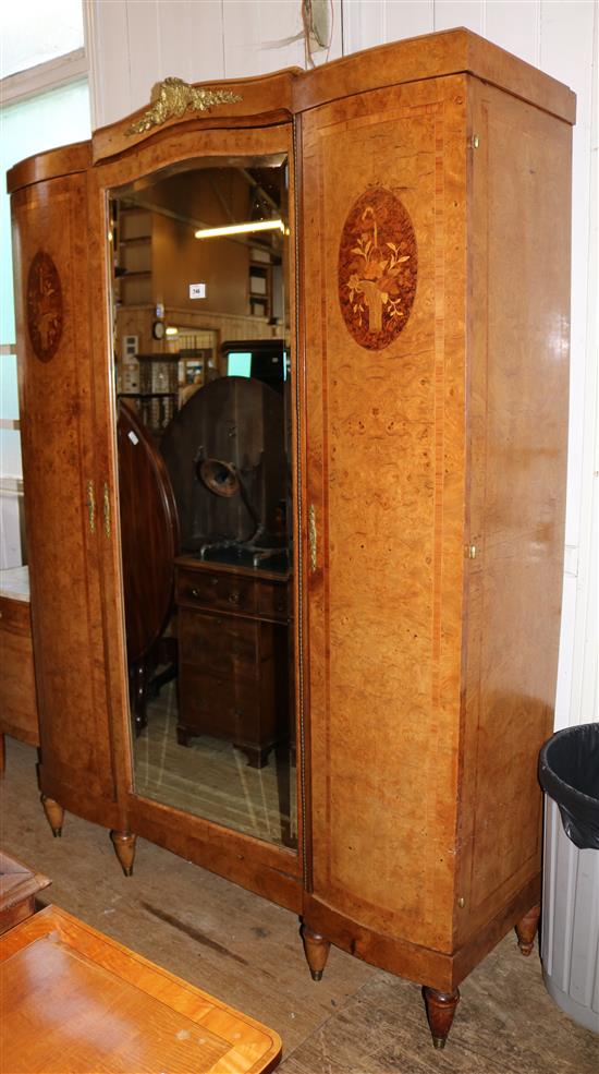 Walnut inlaid armoire with mirrored door & marble top bedside table